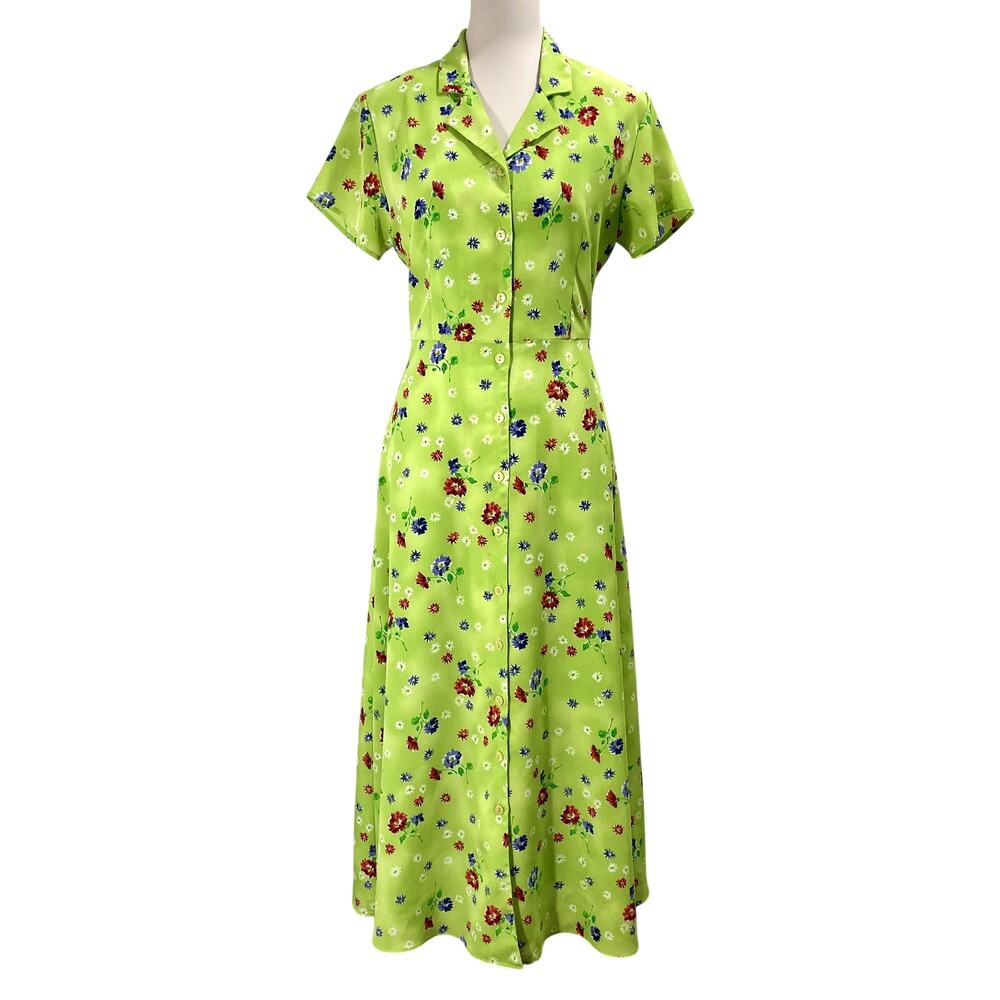 Vintage 90s Maxi Shirt Dress Lime Green Floral Button-Up Mosaic Size 10 Whismy